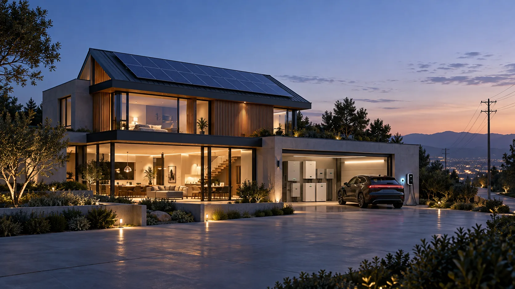 A modern hillside house at dusk with a rooftop solar array, wall-mounted batteries in the open garage, lit interiors and an electric car on charge